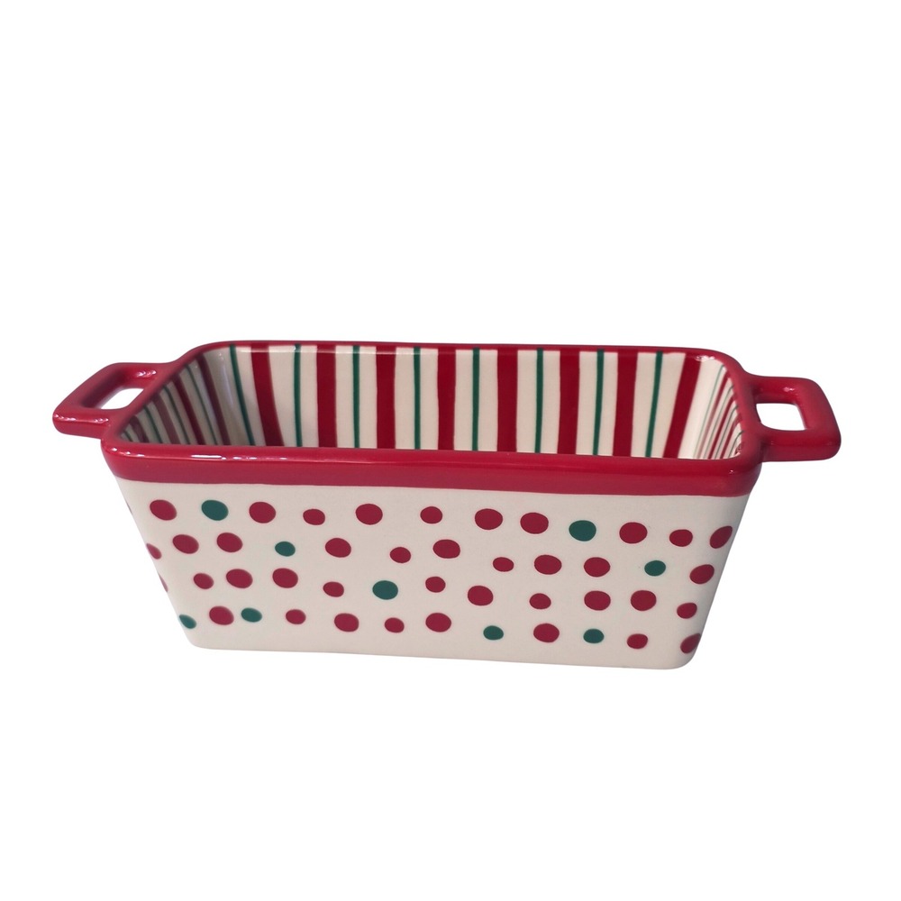 Vintage HolidayTime Mini Ceramic Loaf Pan Red Green Polka Dot Striped Stoneware